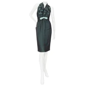 1960s Haute Couture Teal and Black Lace Chiffon Cowl Neck Dress