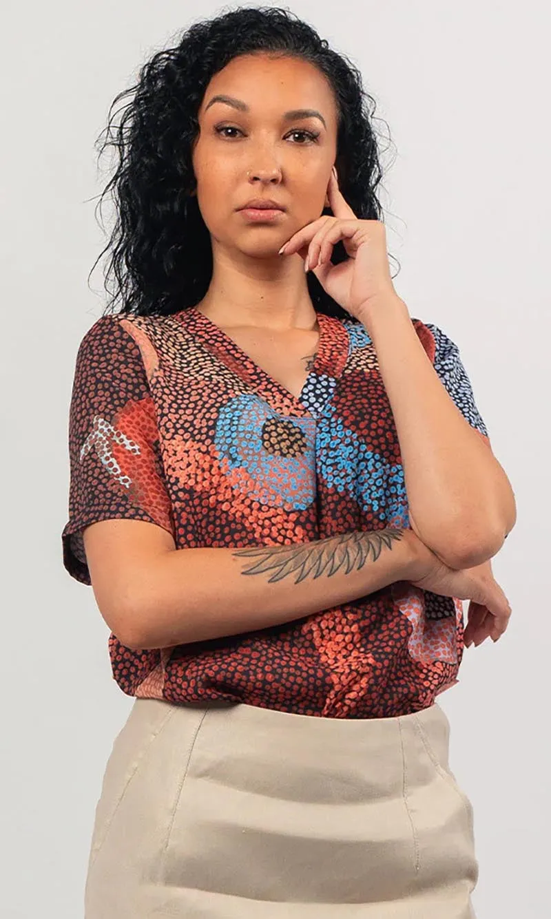 Aboriginal Art V-Neck Short Sleeve Woman's Blouse Ngarlikirlangu