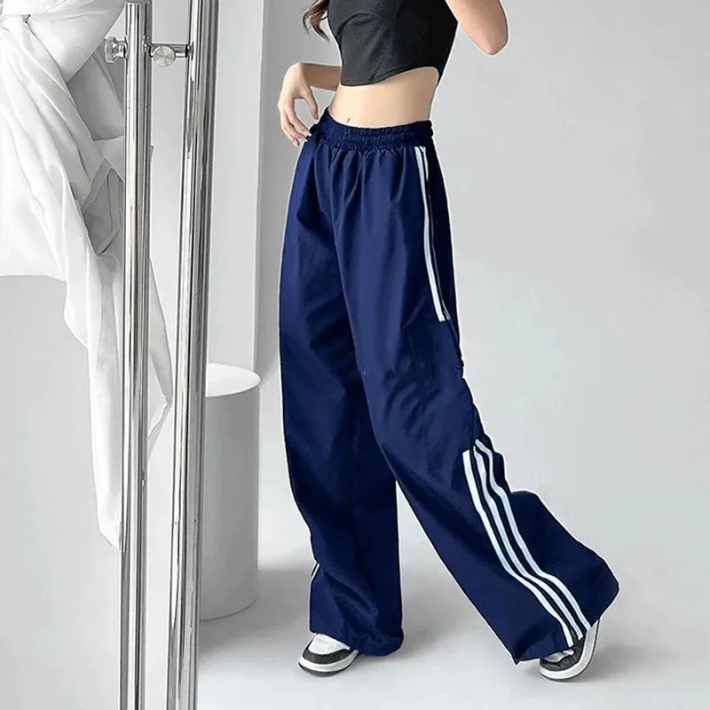 Aiertu Striped Sweatpants Women Hip Hop Streetwear Baggy Wide Leg Cargo Pants Bf Y2K High Waist Drawstring Joggers Trousers