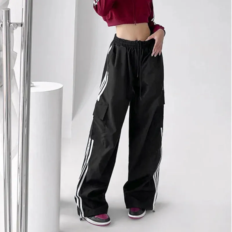 Aiertu Striped Sweatpants Women Hip Hop Streetwear Baggy Wide Leg Cargo Pants Bf Y2K High Waist Drawstring Joggers Trousers