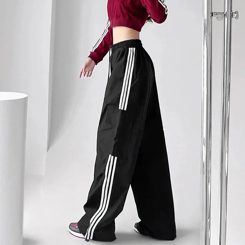 Aiertu Striped Sweatpants Women Hip Hop Streetwear Baggy Wide Leg Cargo Pants Bf Y2K High Waist Drawstring Joggers Trousers