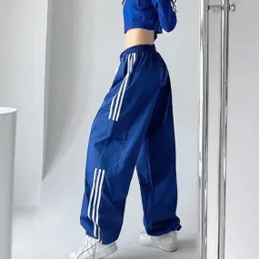 Aiertu Striped Sweatpants Women Hip Hop Streetwear Baggy Wide Leg Cargo Pants Bf Y2K High Waist Drawstring Joggers Trousers