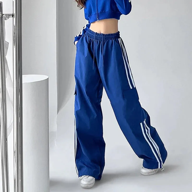 Aiertu Striped Sweatpants Women Hip Hop Streetwear Baggy Wide Leg Cargo Pants Bf Y2K High Waist Drawstring Joggers Trousers