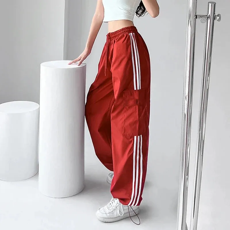 Aiertu Striped Sweatpants Women Hip Hop Streetwear Baggy Wide Leg Cargo Pants Bf Y2K High Waist Drawstring Joggers Trousers