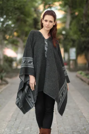 Alpaca Wool Blend Reversible Poncho - Gray Black Glyphs | NOVICA