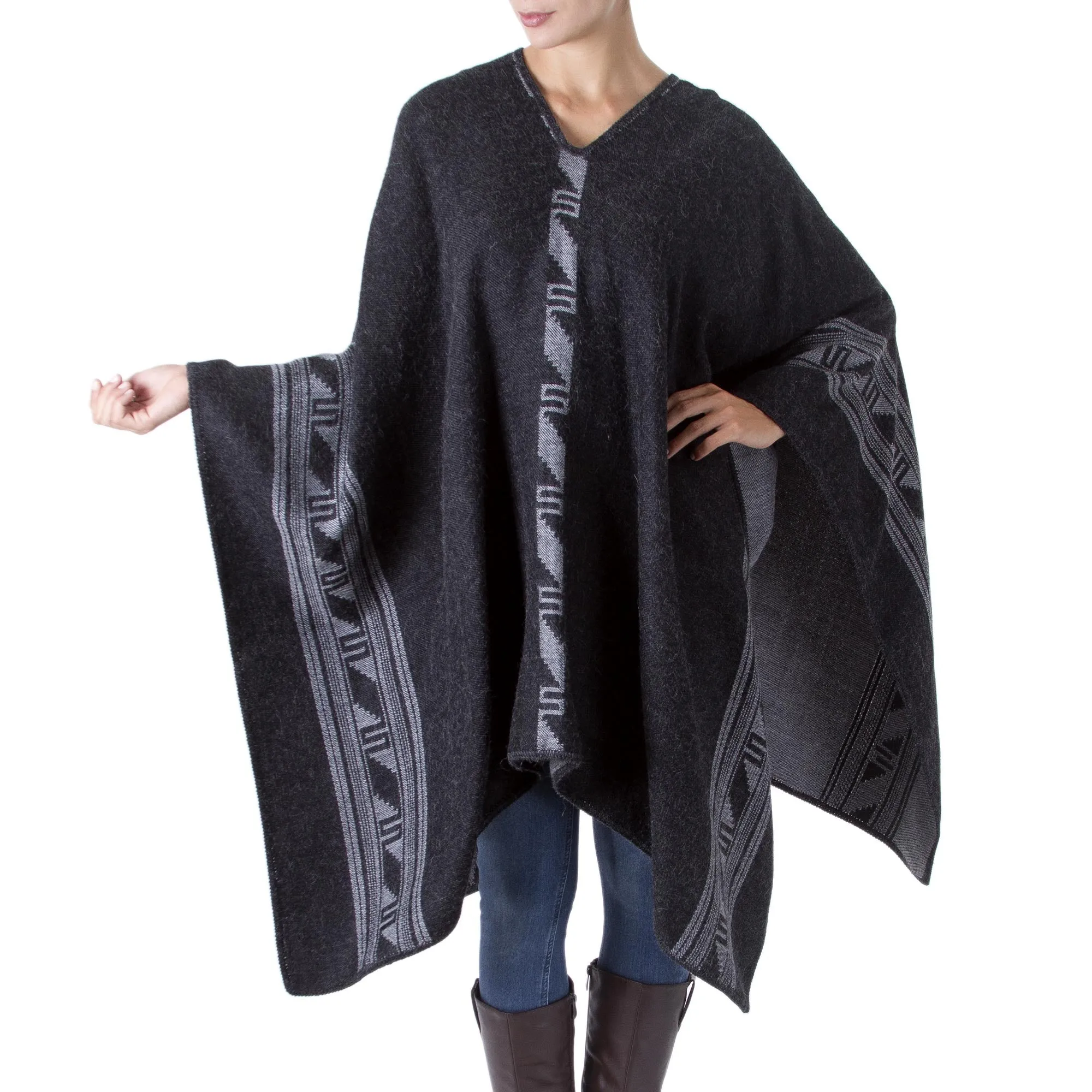 Alpaca Wool Blend Reversible Poncho - Gray Black Glyphs | NOVICA