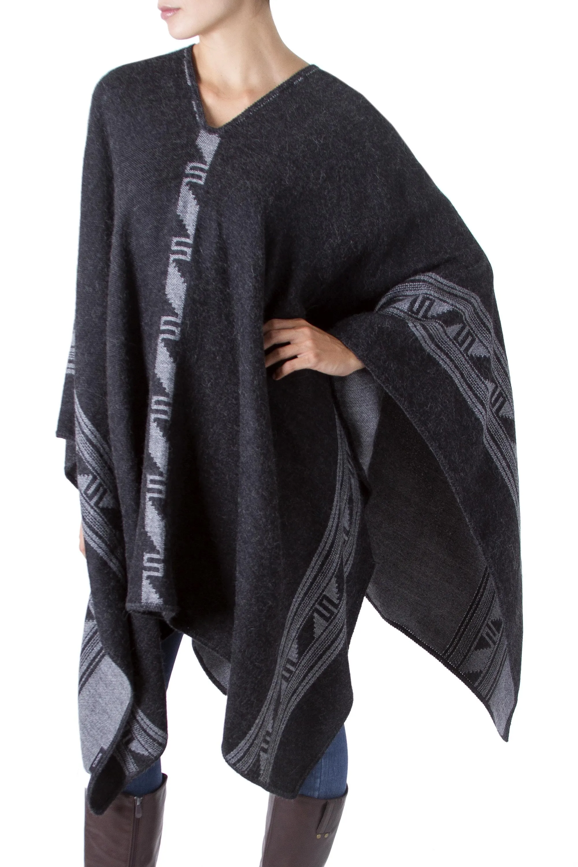 Alpaca Wool Blend Reversible Poncho - Gray Black Glyphs | NOVICA