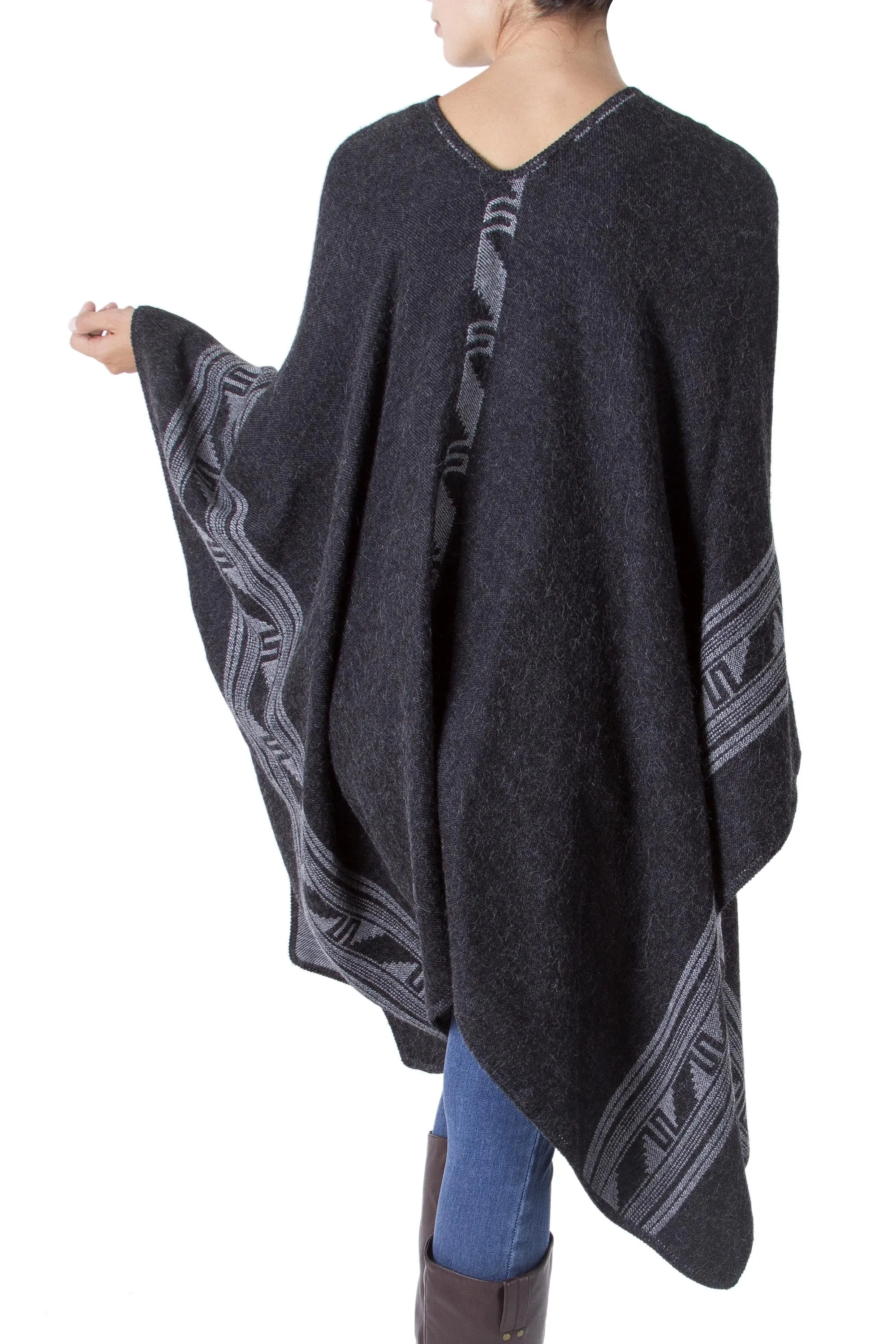 Alpaca Wool Blend Reversible Poncho - Gray Black Glyphs | NOVICA