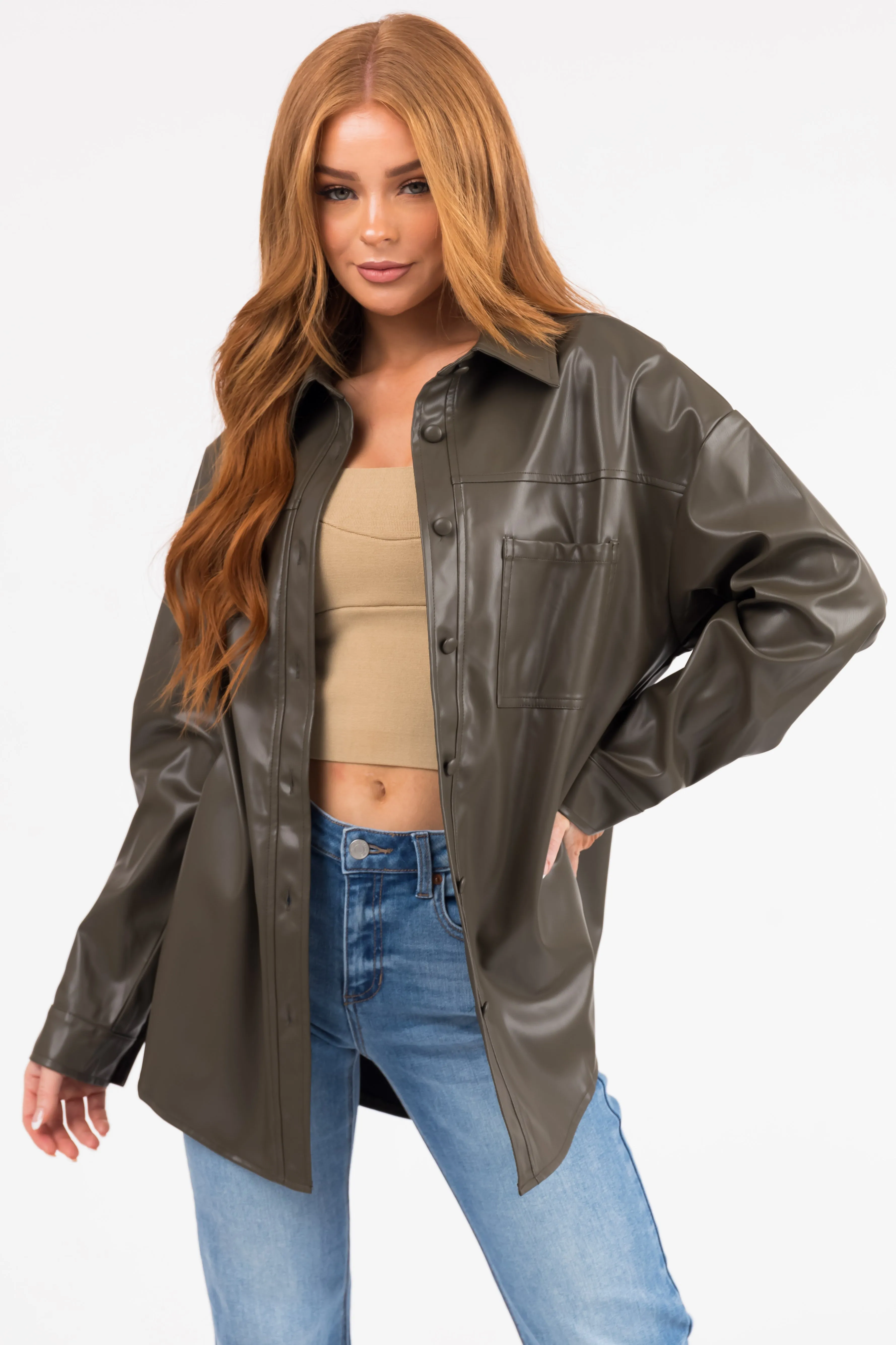 Army Green Faux Leather Button Down Shacket