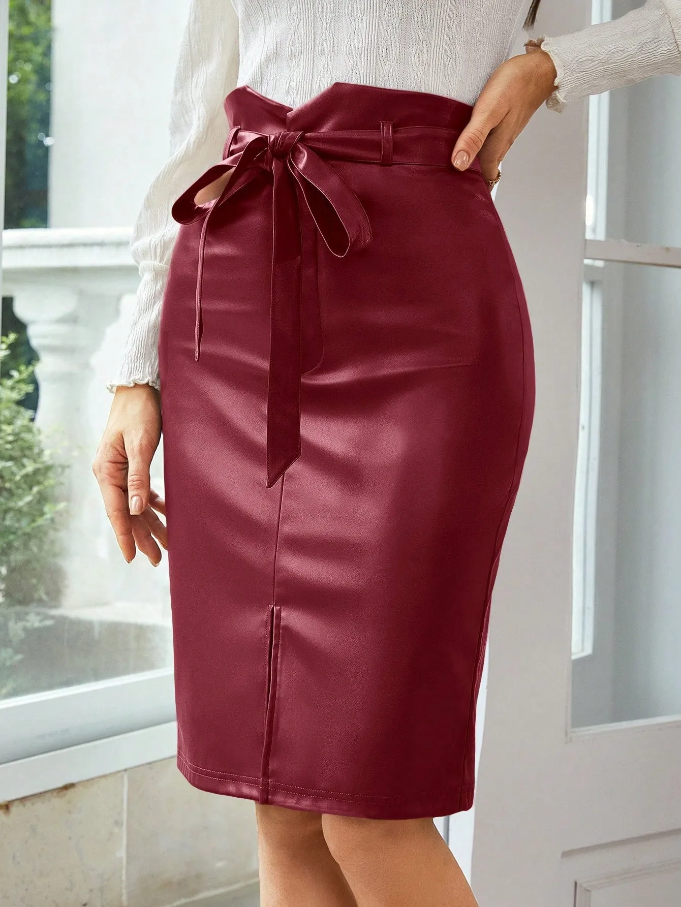 Asymmetrical Waist Split Hem Belted PU Leather Skirt