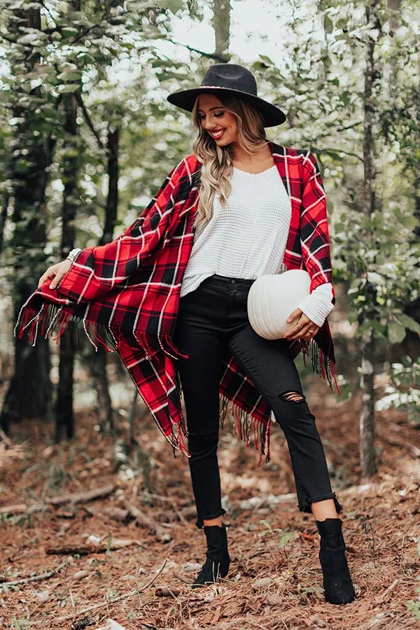 Autumn Mornings Plaid Poncho In Red