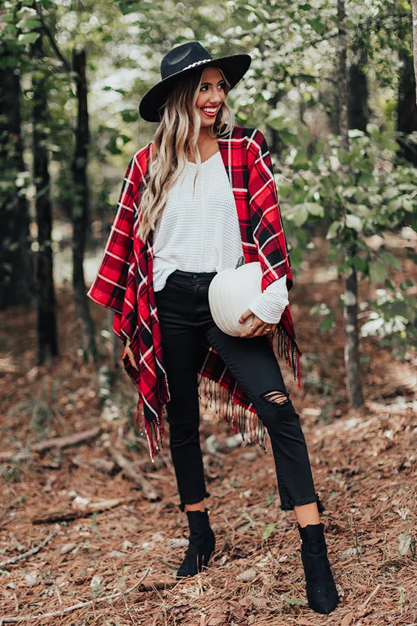 Autumn Mornings Plaid Poncho In Red