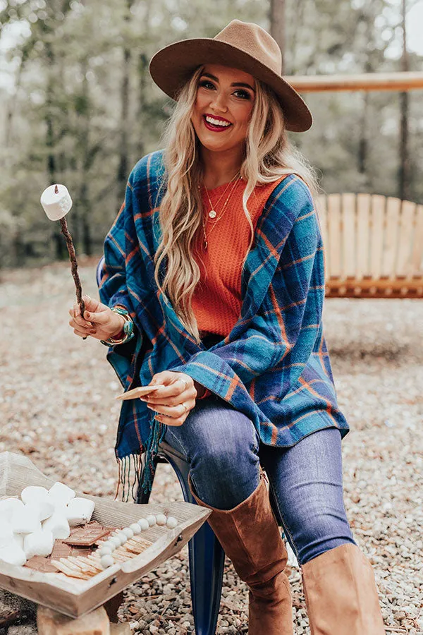 Autumn Mornings Plaid Poncho In Teal