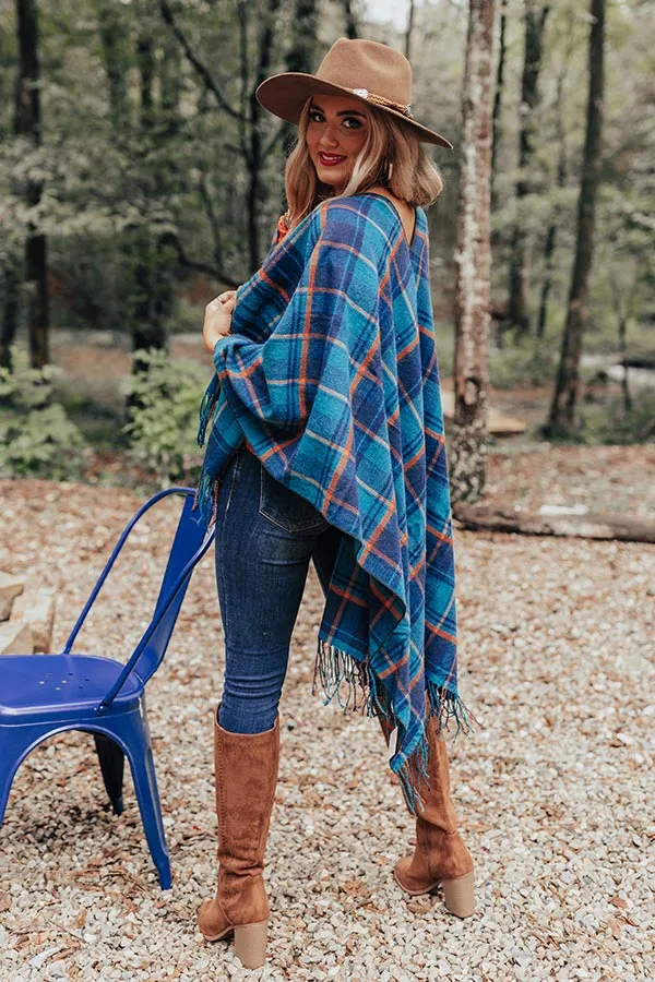 Autumn Mornings Plaid Poncho In Teal