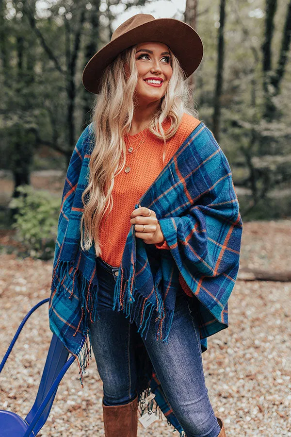 Autumn Mornings Plaid Poncho In Teal