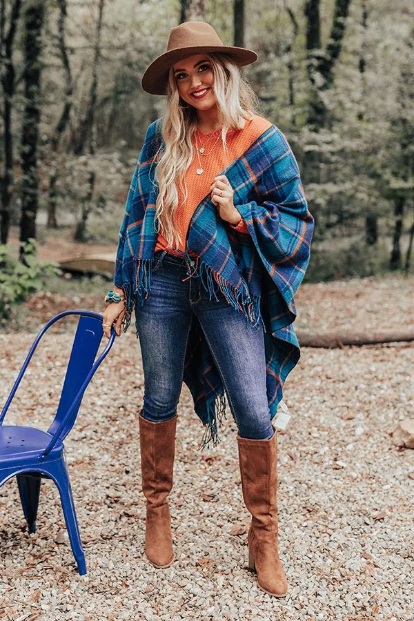 Autumn Mornings Plaid Poncho In Teal