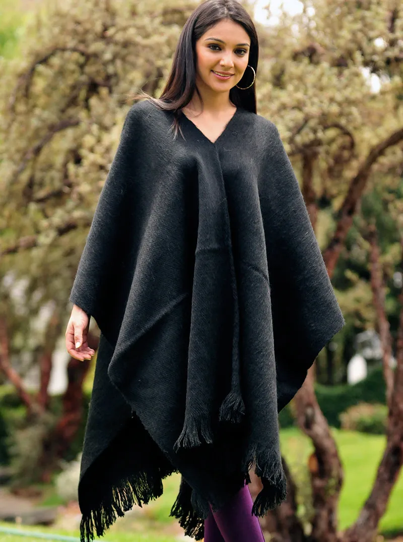 Black Alpaca Ruana Open Poncho for Women