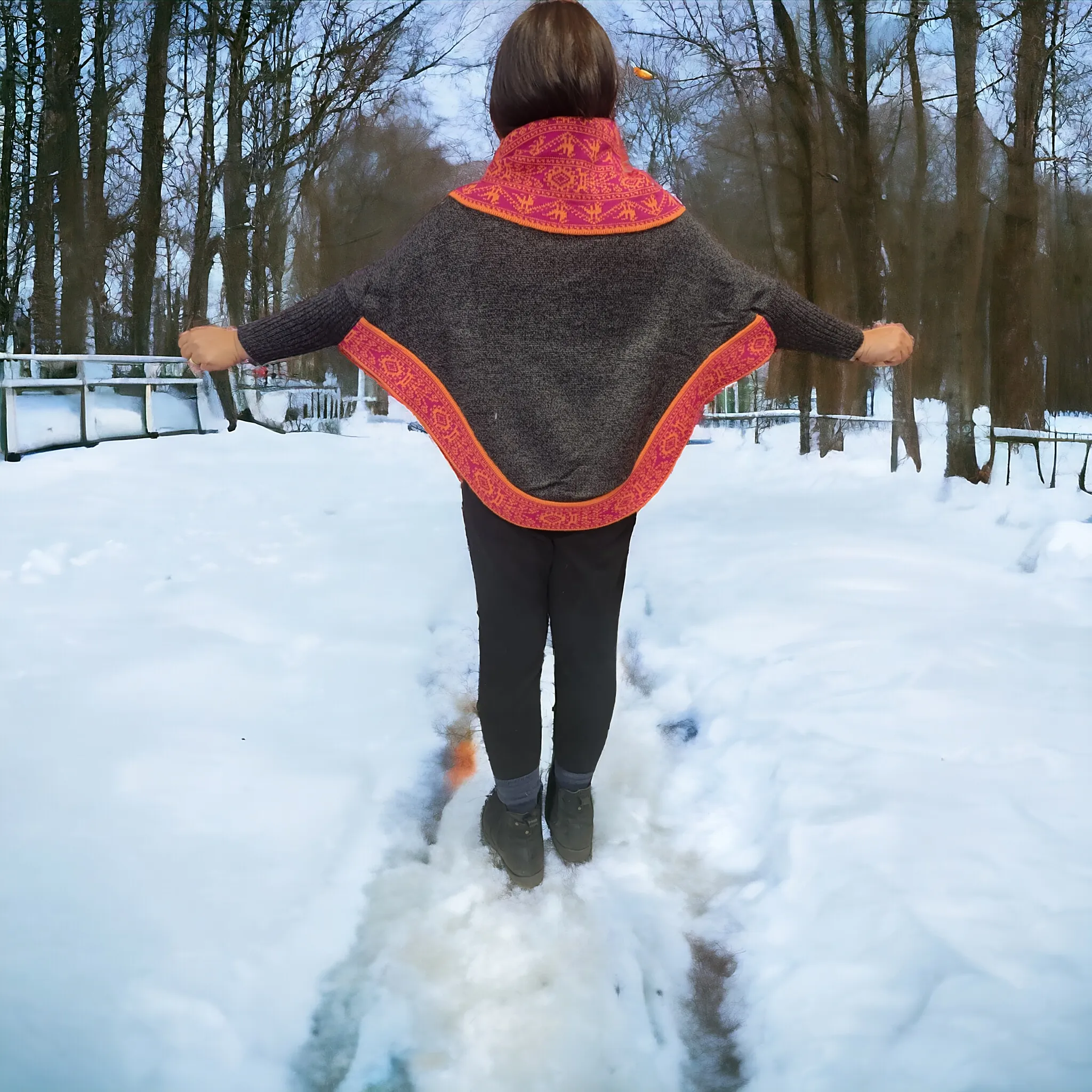 Black and Red poncho with sleeves is knit of alpaca fibers #0028