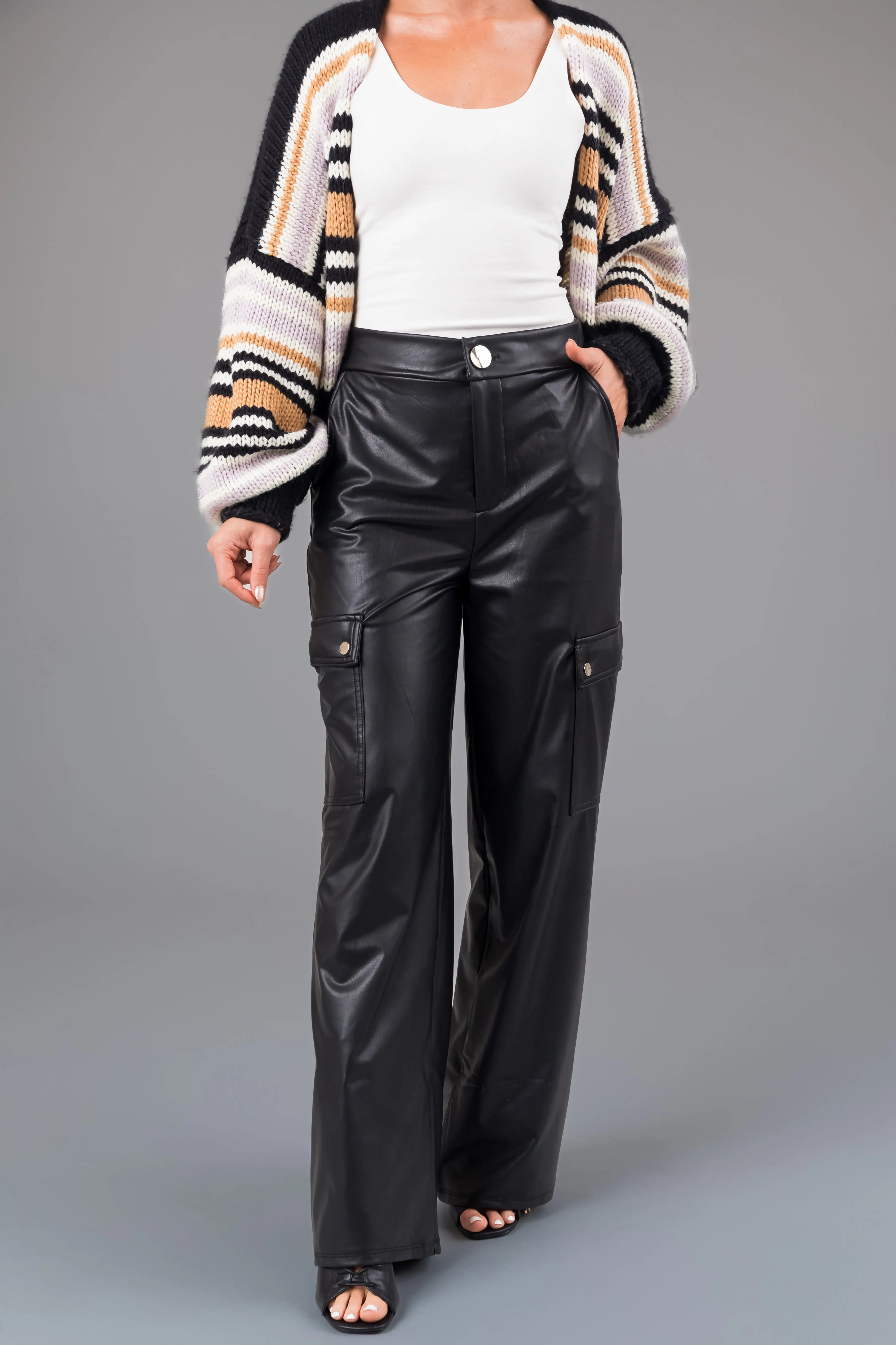 Black Faux Leather Straight Leg Cargo Pants