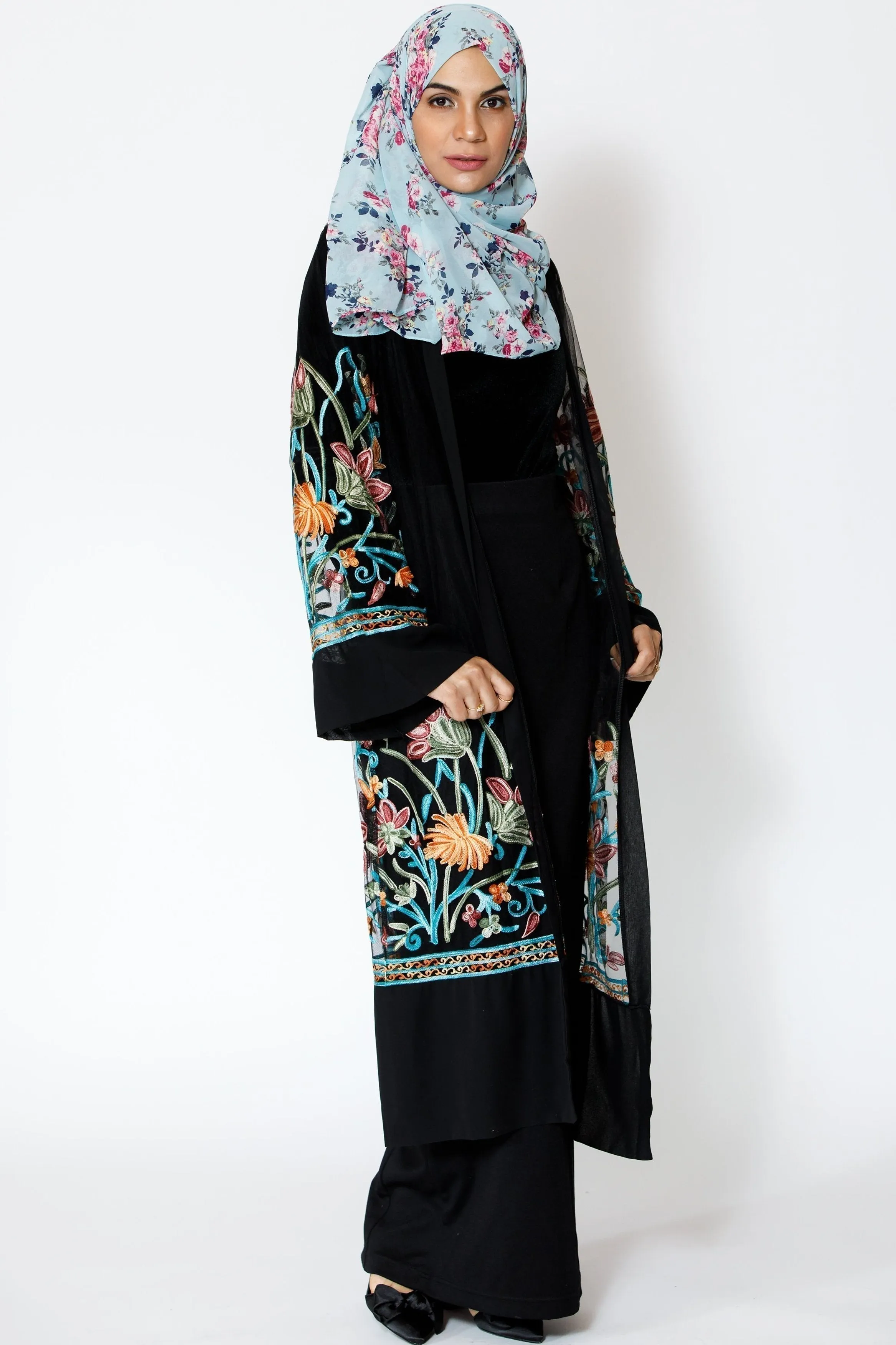 Black Floral Embroidered Sheer Midi Cardigan