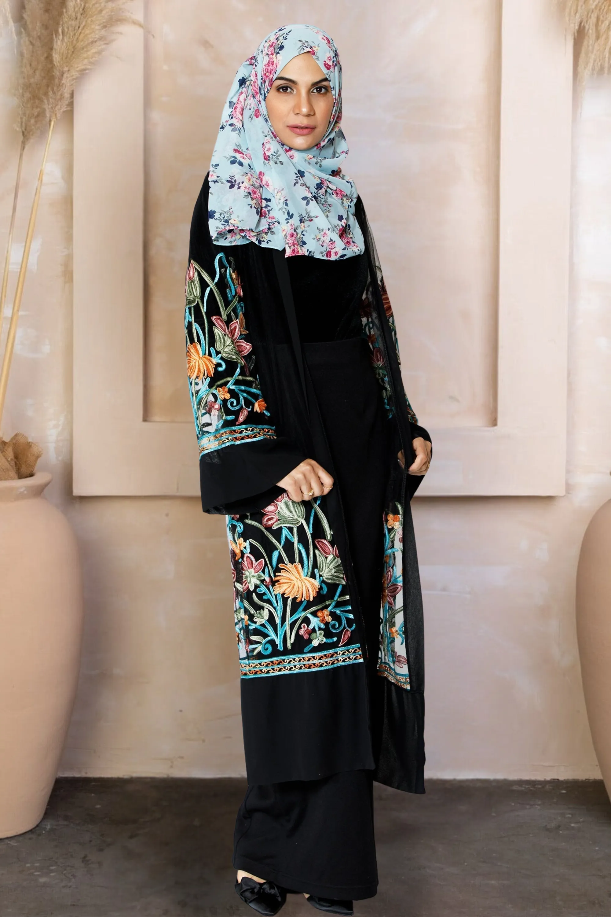 Black Floral Embroidered Sheer Midi Cardigan