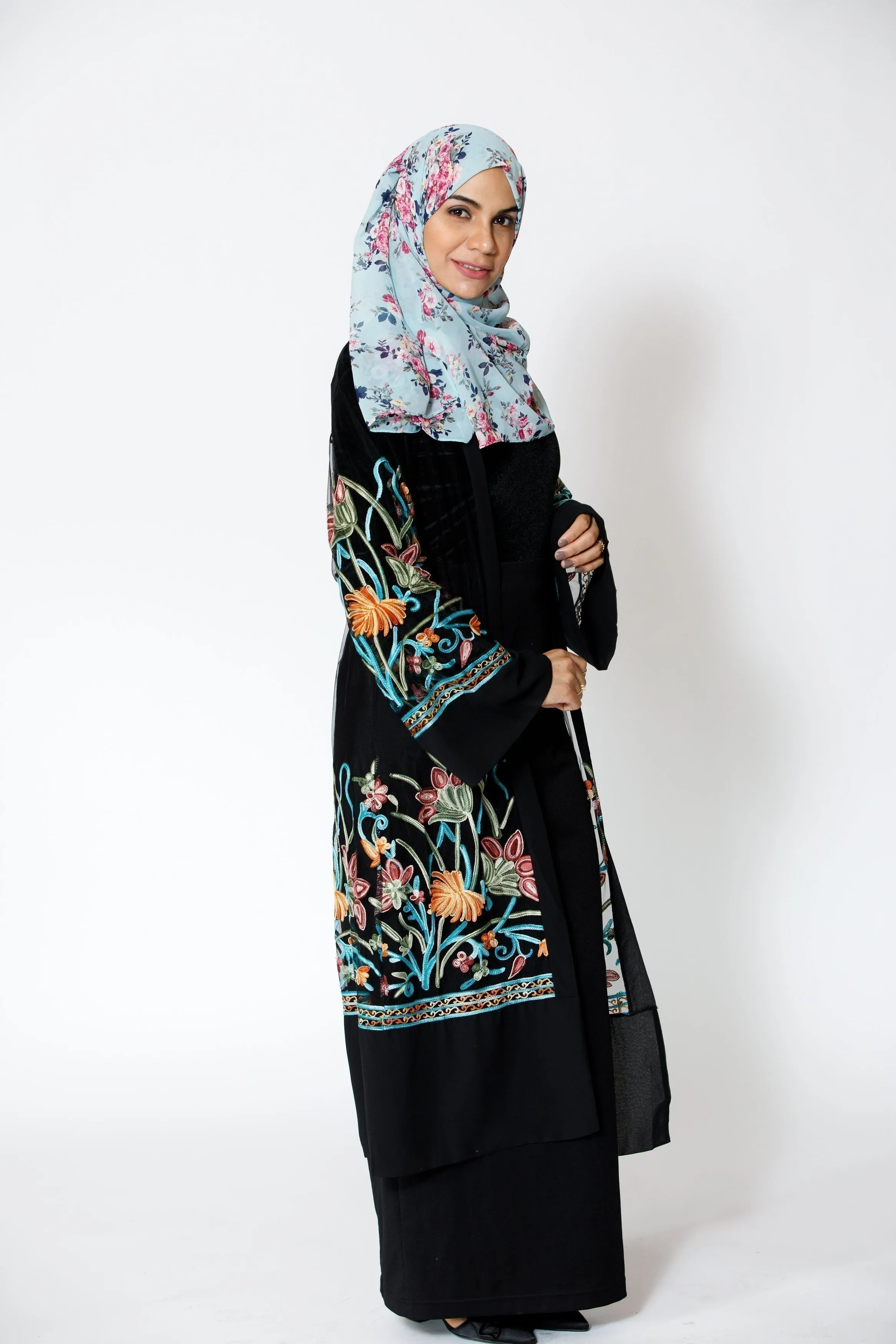 Black Floral Embroidered Sheer Midi Cardigan