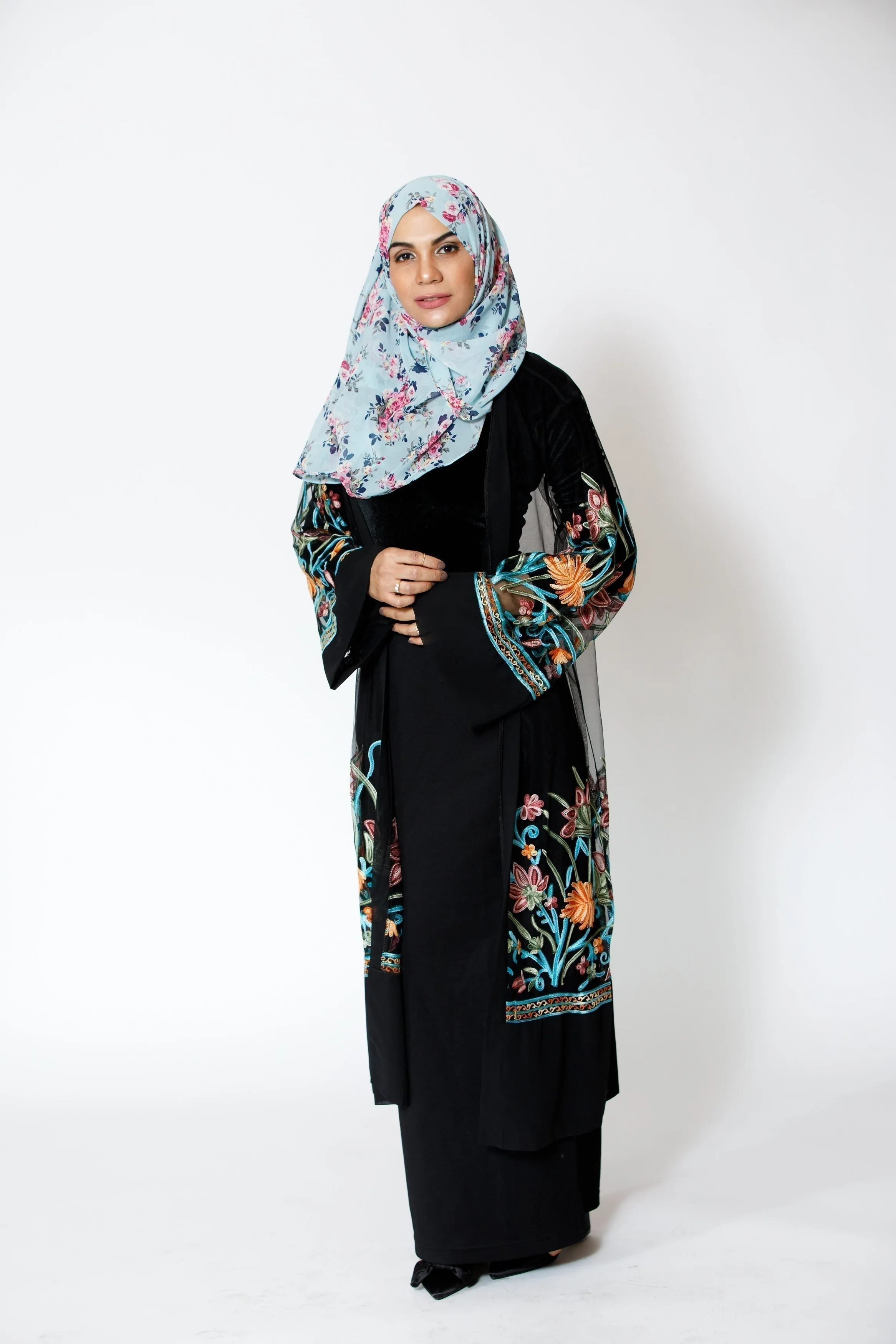 Black Floral Embroidered Sheer Midi Cardigan