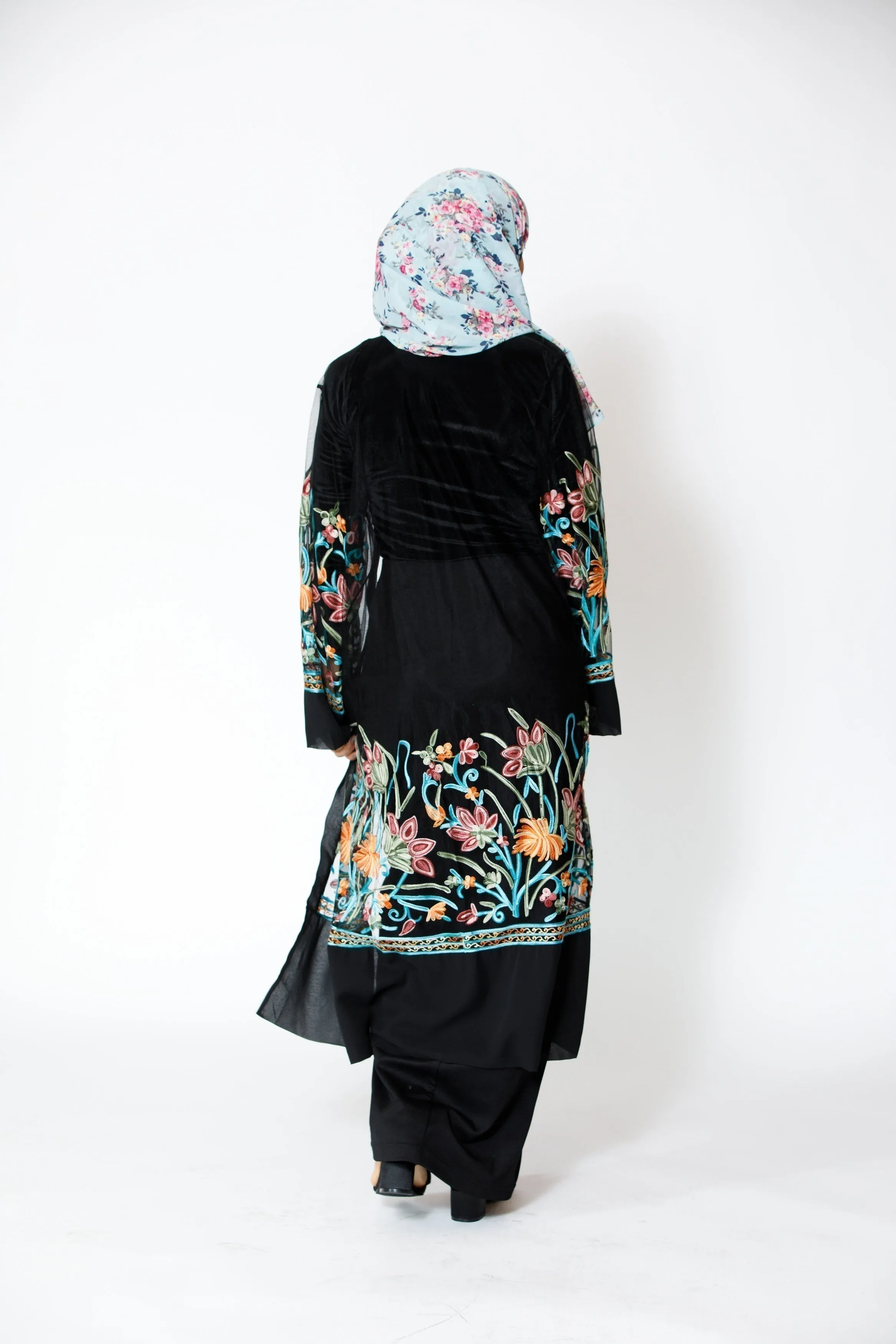 Black Floral Embroidered Sheer Midi Cardigan