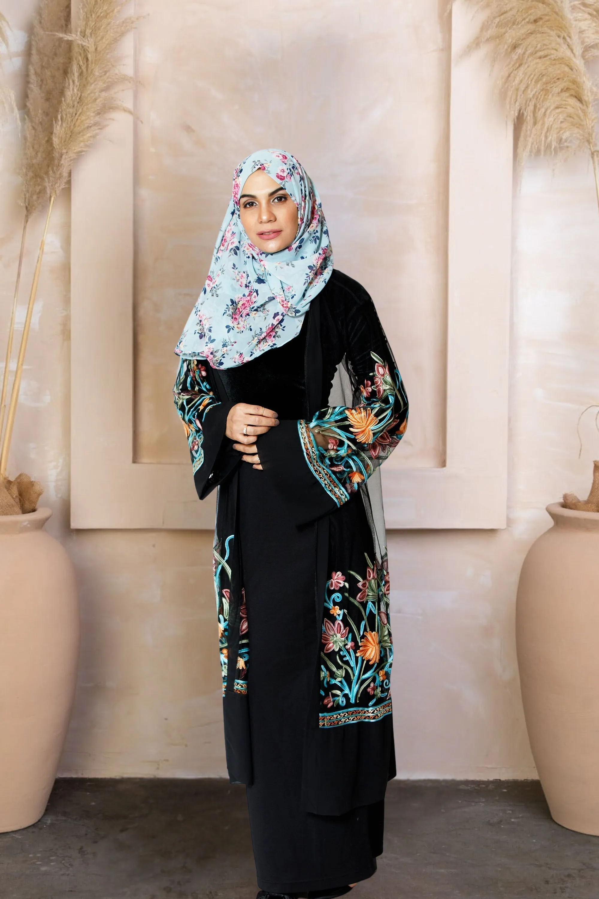 Black Floral Embroidered Sheer Midi Cardigan