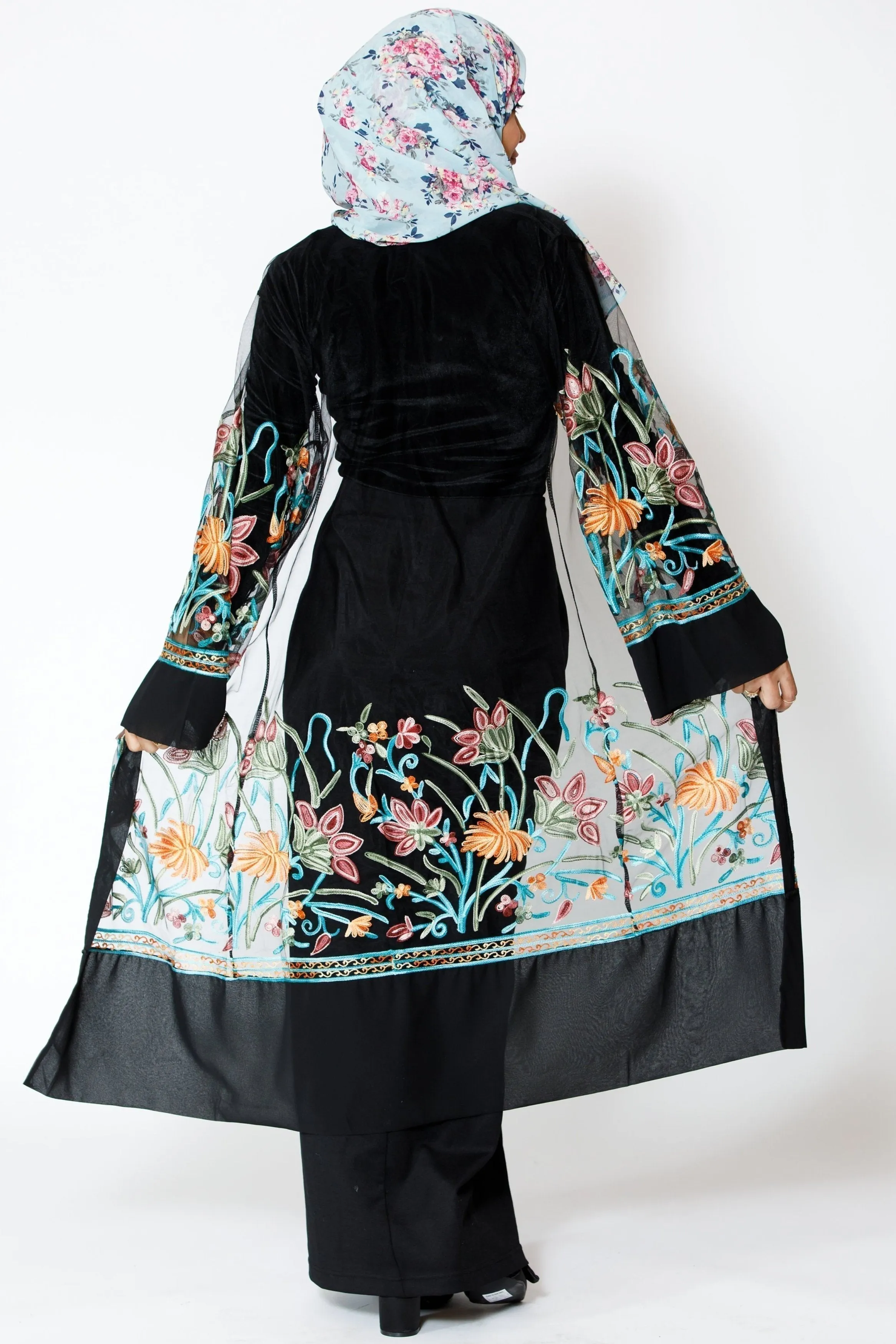 Black Floral Embroidered Sheer Midi Cardigan