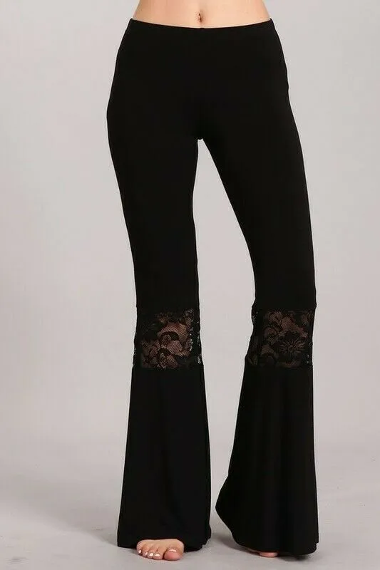 Black Lace Boho Inset Bell Flared Elastic Waist Pull On Womens Casual Pants