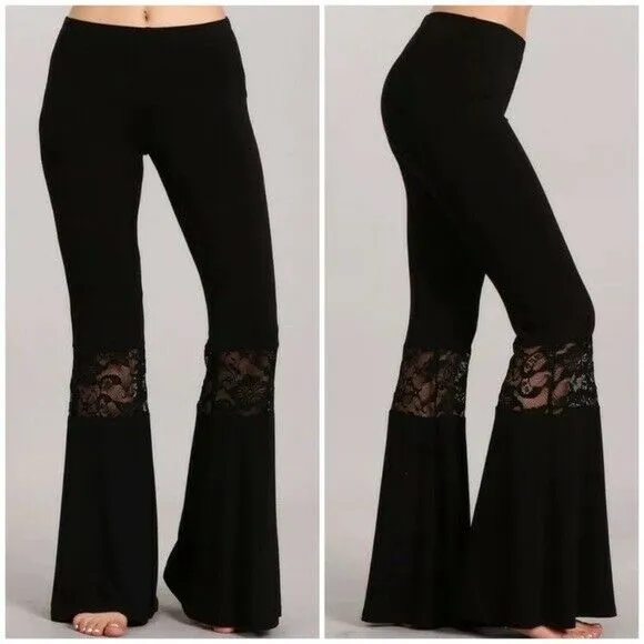 Black Lace Boho Inset Bell Flared Elastic Waist Pull On Womens Casual Pants