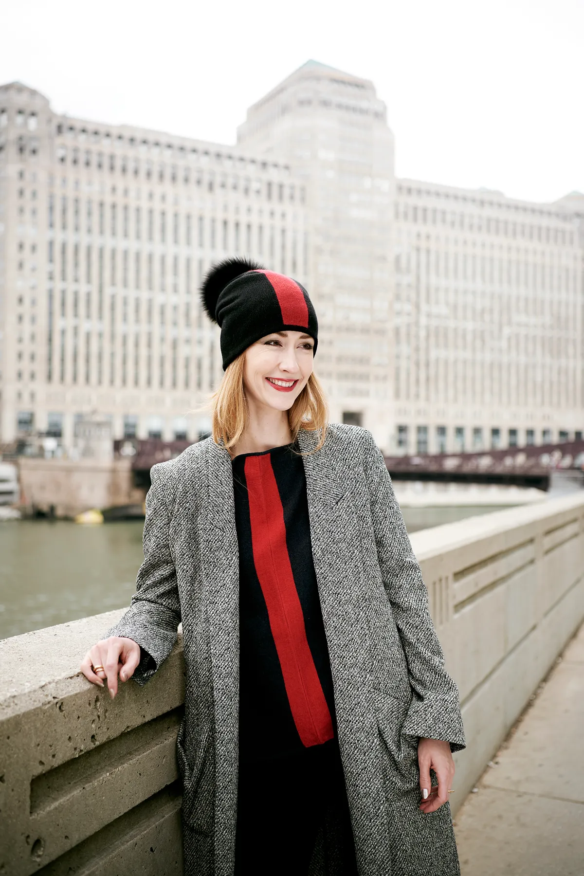 Black with Red Stripe Cashmere Poncho