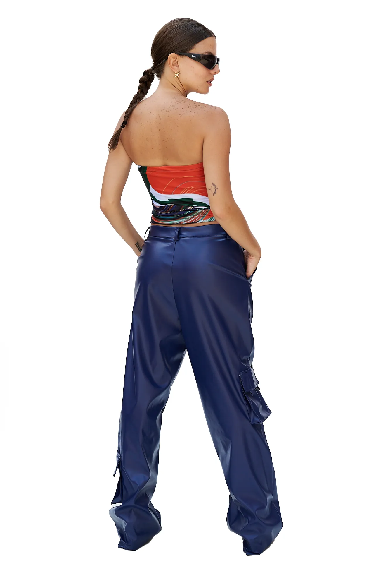 BLUE FAUX LEATHER CARGO PANTS