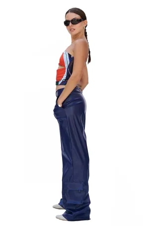 BLUE FAUX LEATHER CARGO PANTS