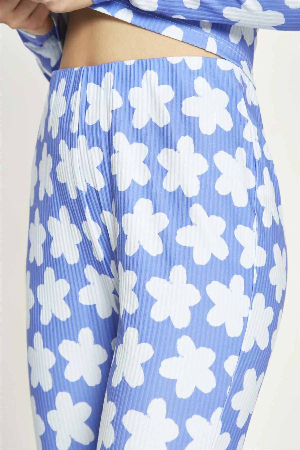 Blue-Large Flower Flared-Trousers