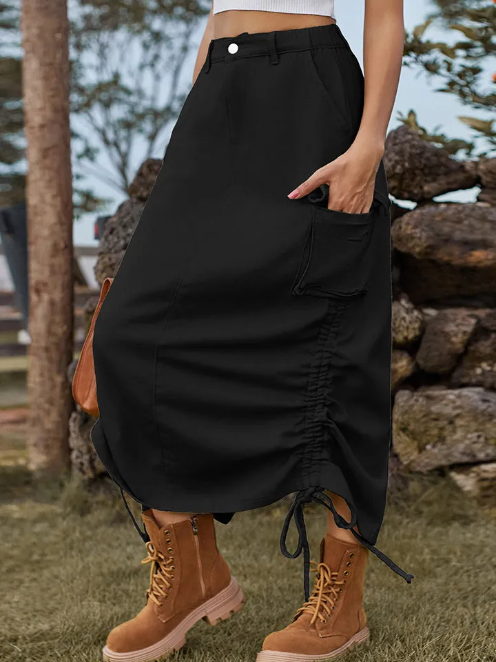 Cargo Maxi Skirt Drawstring Denim Skirt with Pockets