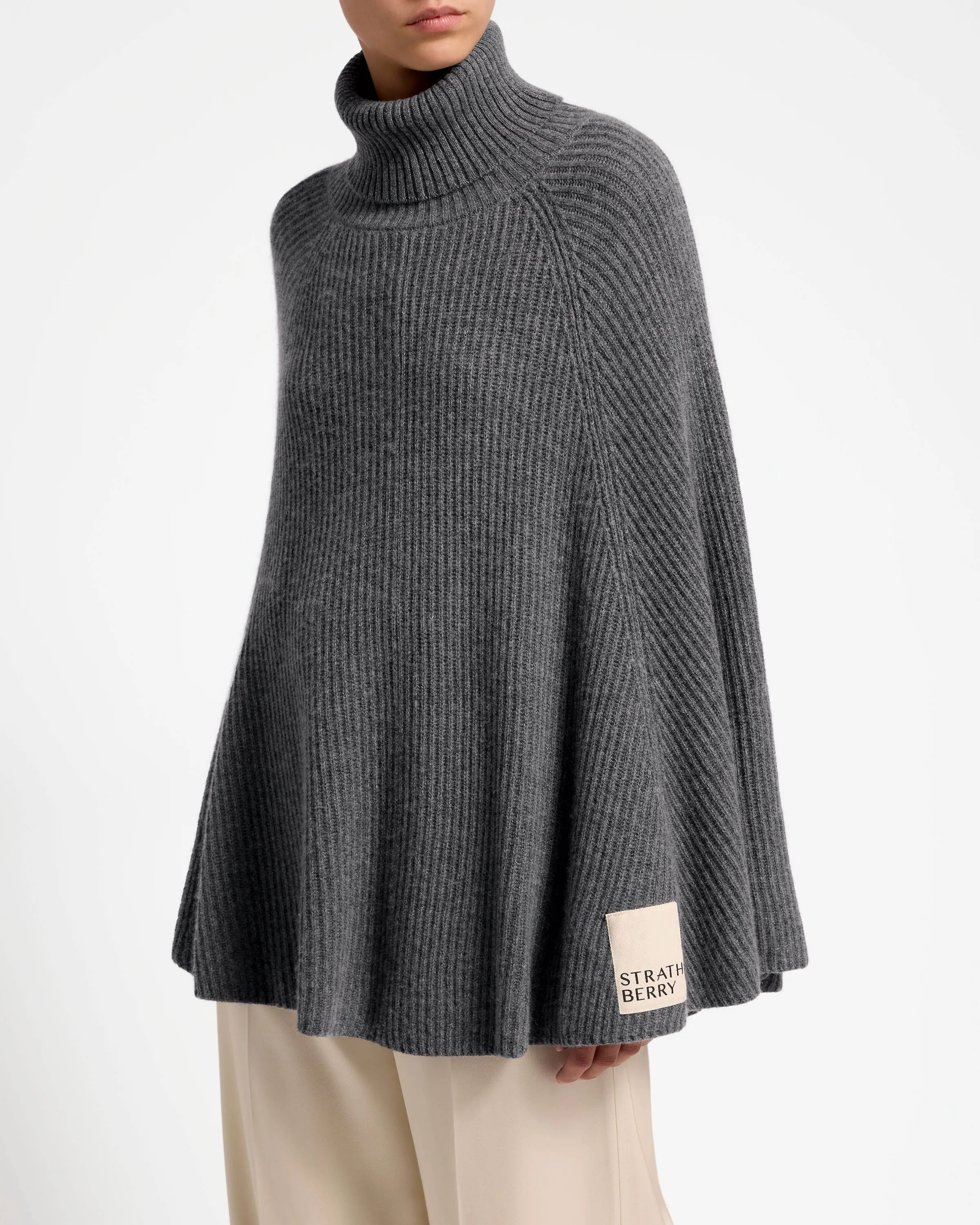 Cashmere Wool Ribbed Poncho - Grey