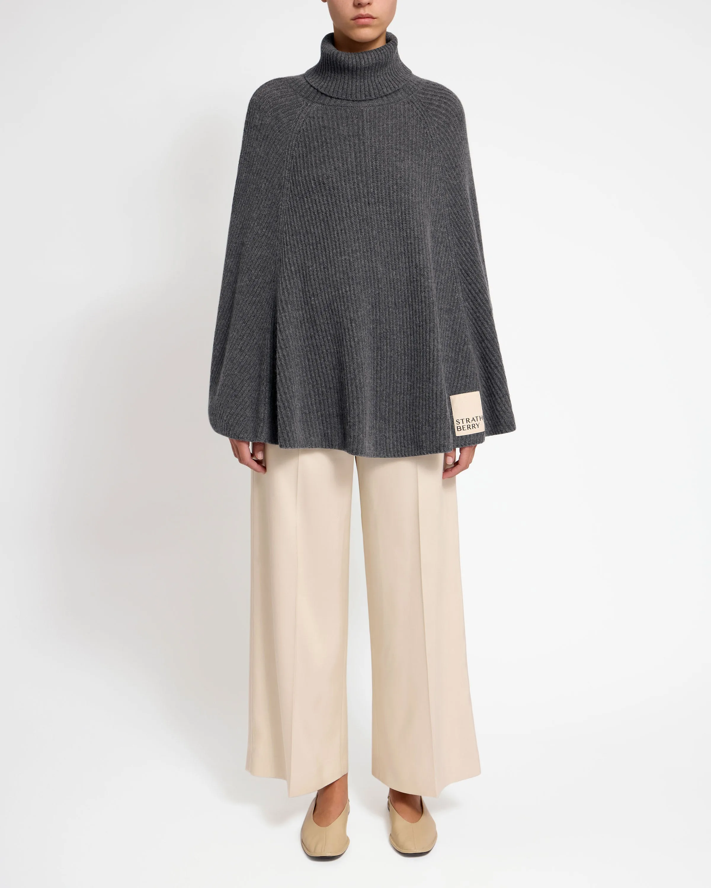 Cashmere Wool Ribbed Poncho - Grey