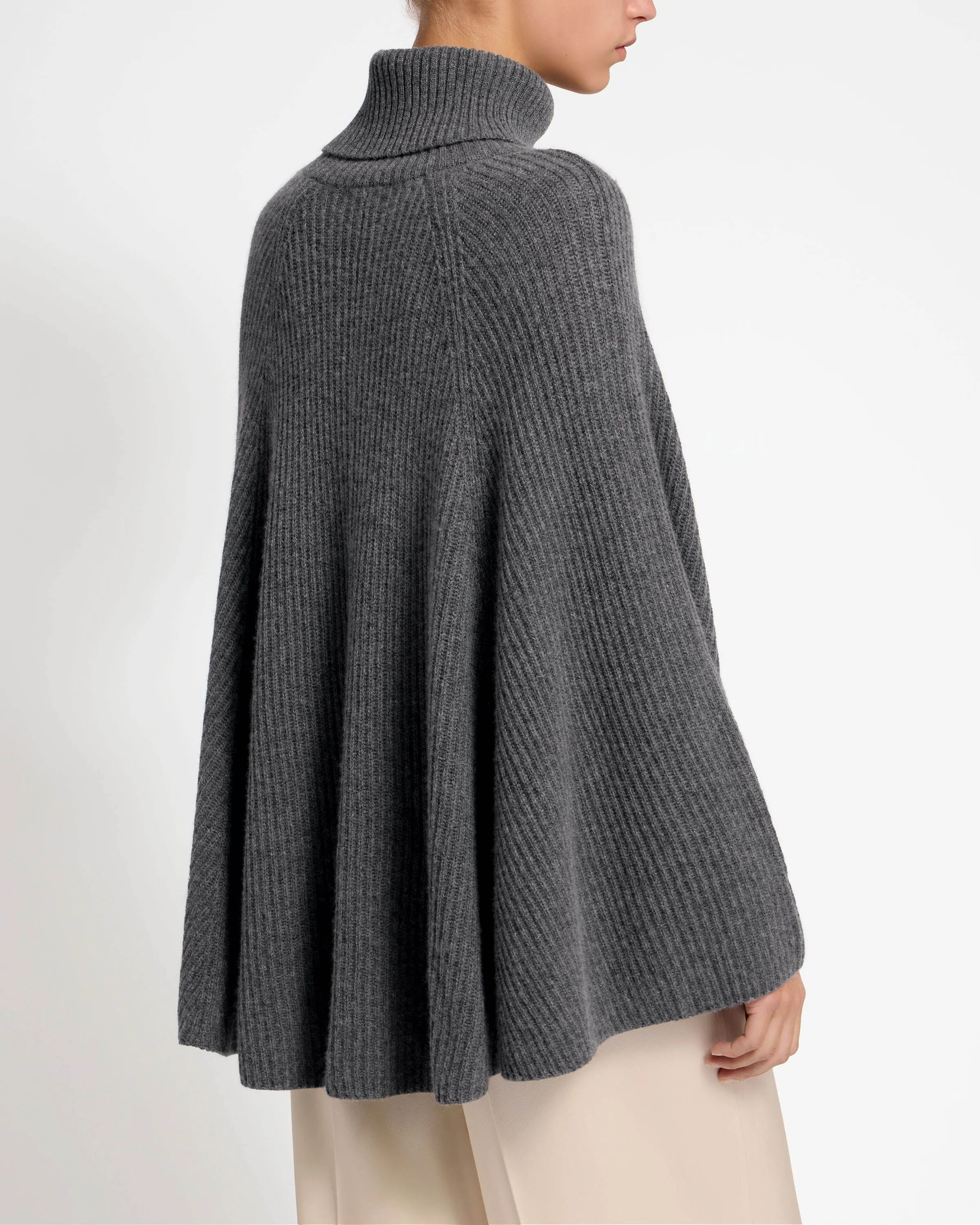 Cashmere Wool Ribbed Poncho - Grey