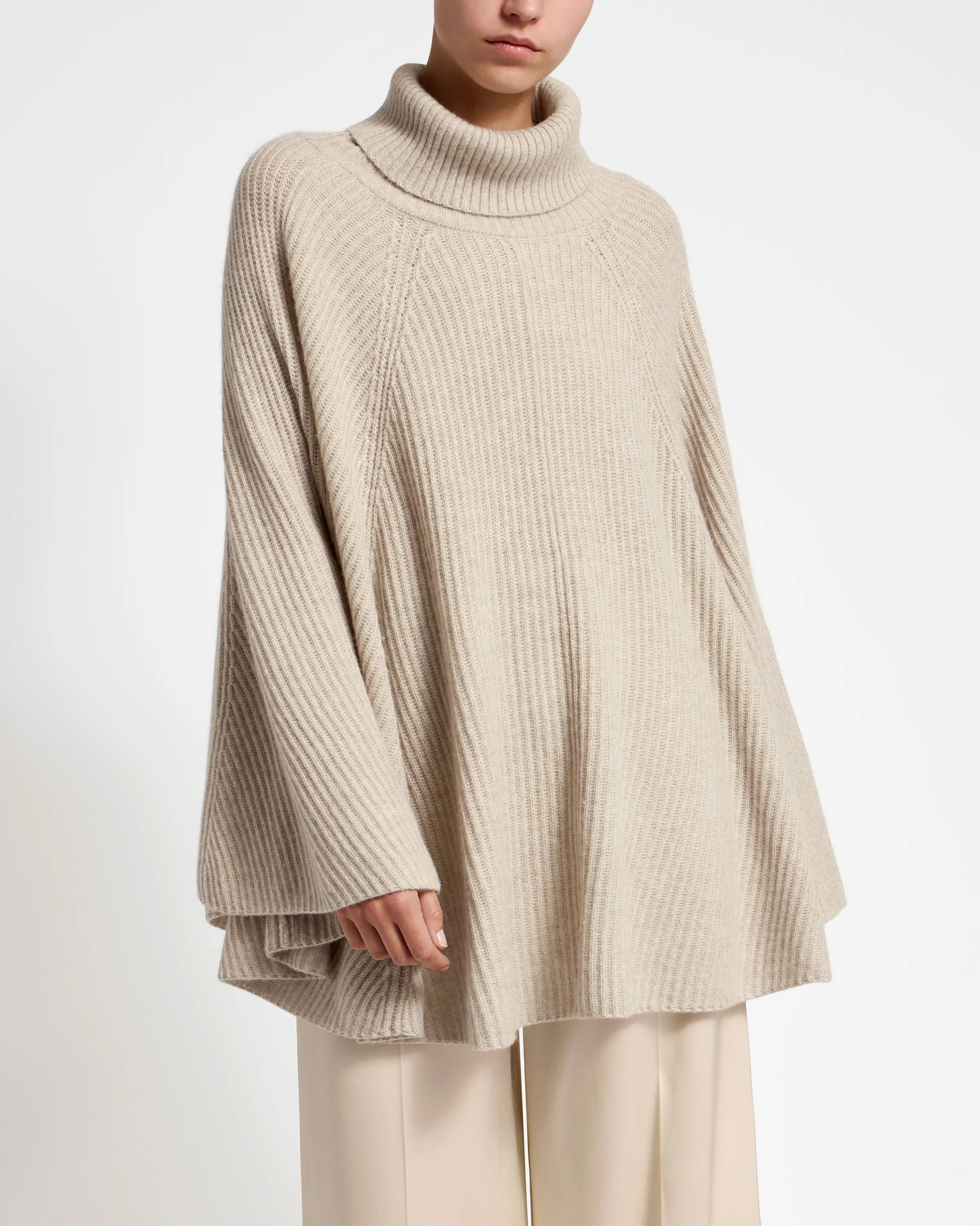 Cashmere Wool Ribbed Poncho - Millet