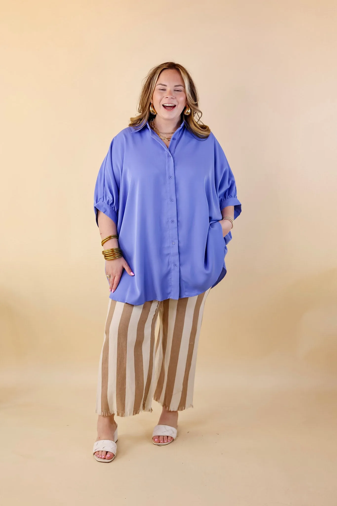 City Lifestyle Button Up Half Sleeve Poncho Top in Chambray Blue