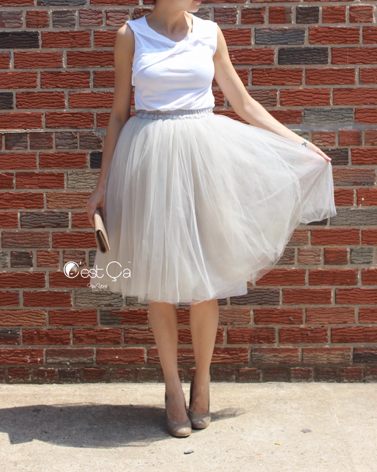 Claire Dove Gray Soft Tulle Skirt - Below Knee Midi