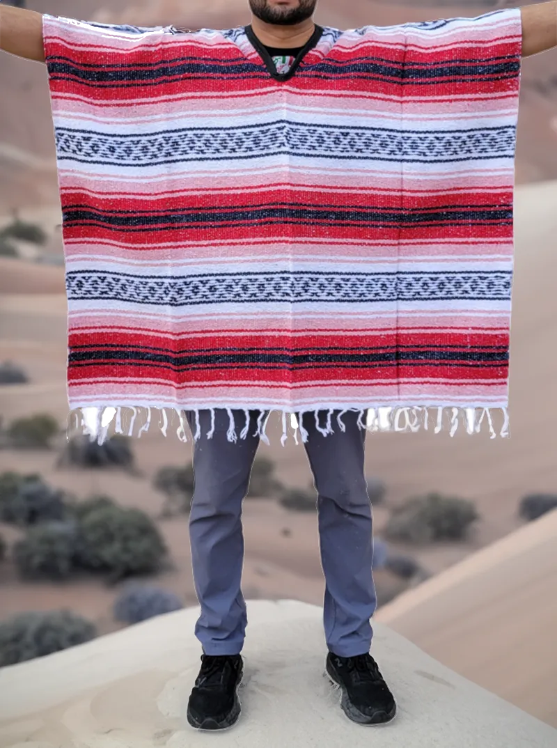 Colorful Mexican Poncho | Striped Poncho | Red