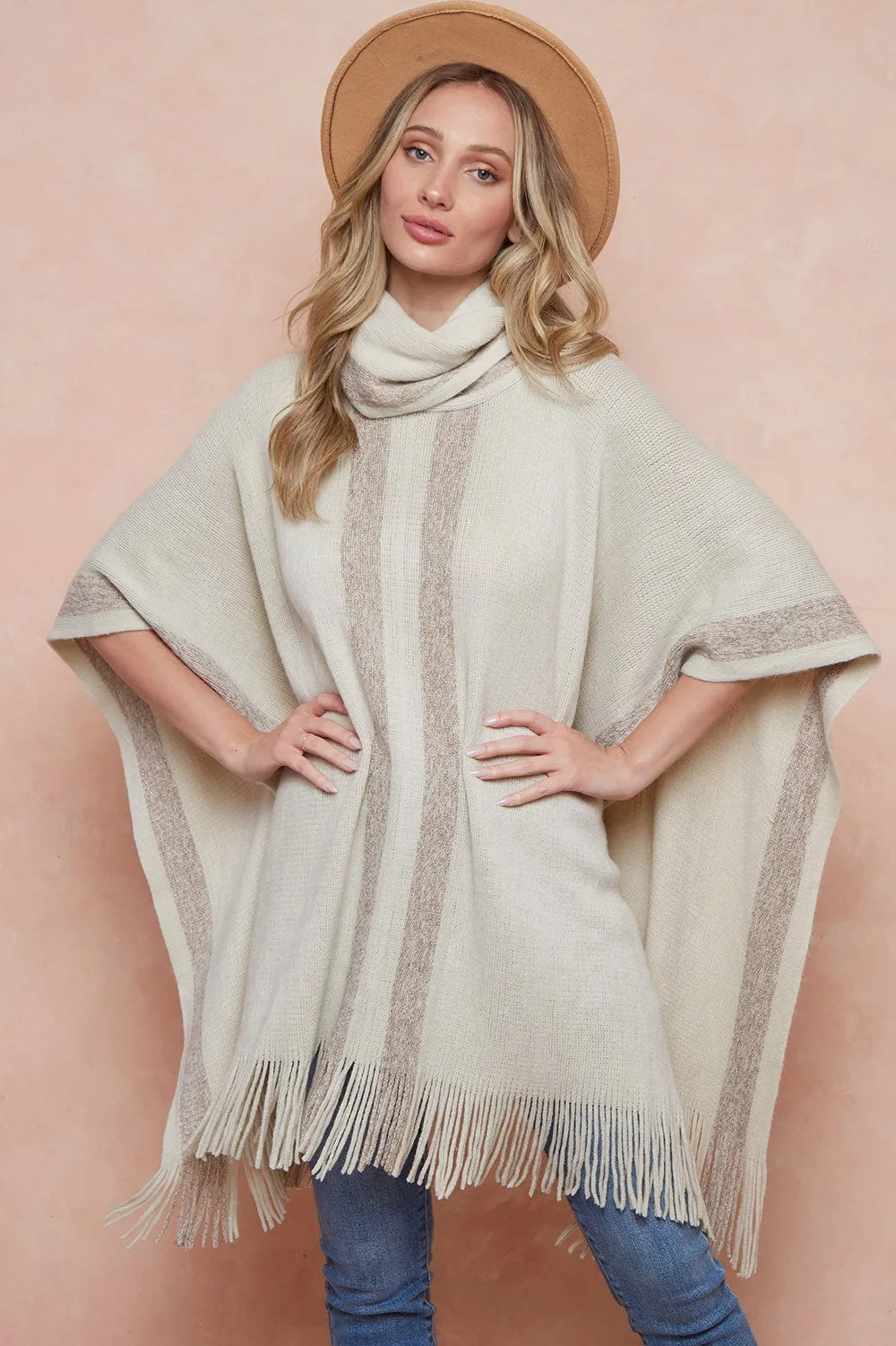 Cowl Neck Sweater Fringed Hem Poncho with Lurex Yarn