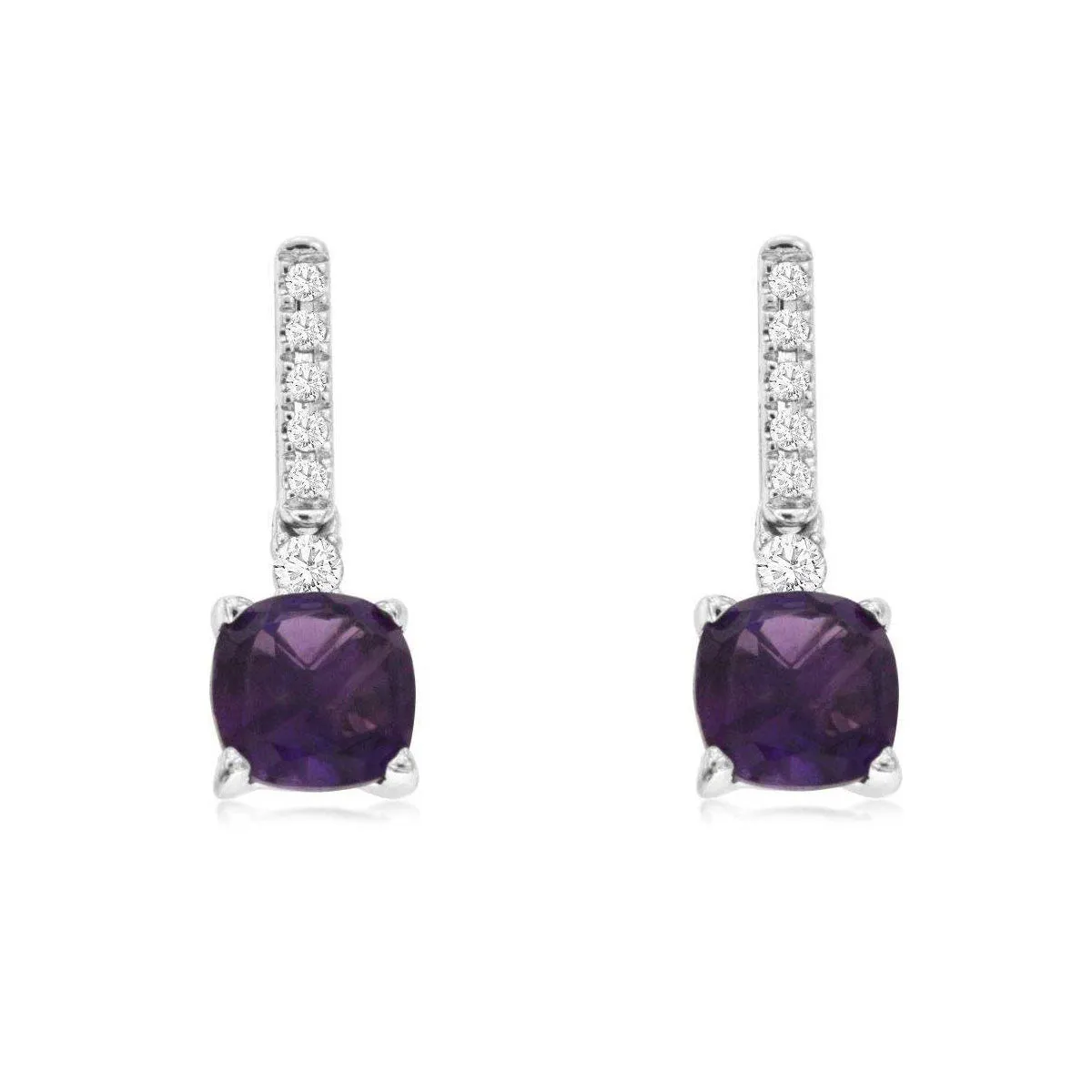 Cushion Cut Purple Amethyst and Round Diamond Dangle Earrings in White Gold