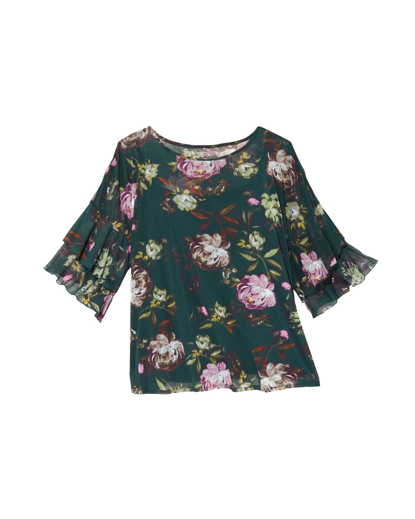 Dena Printed Mesh Blouse with Cami Lining | Forest Green / Purple