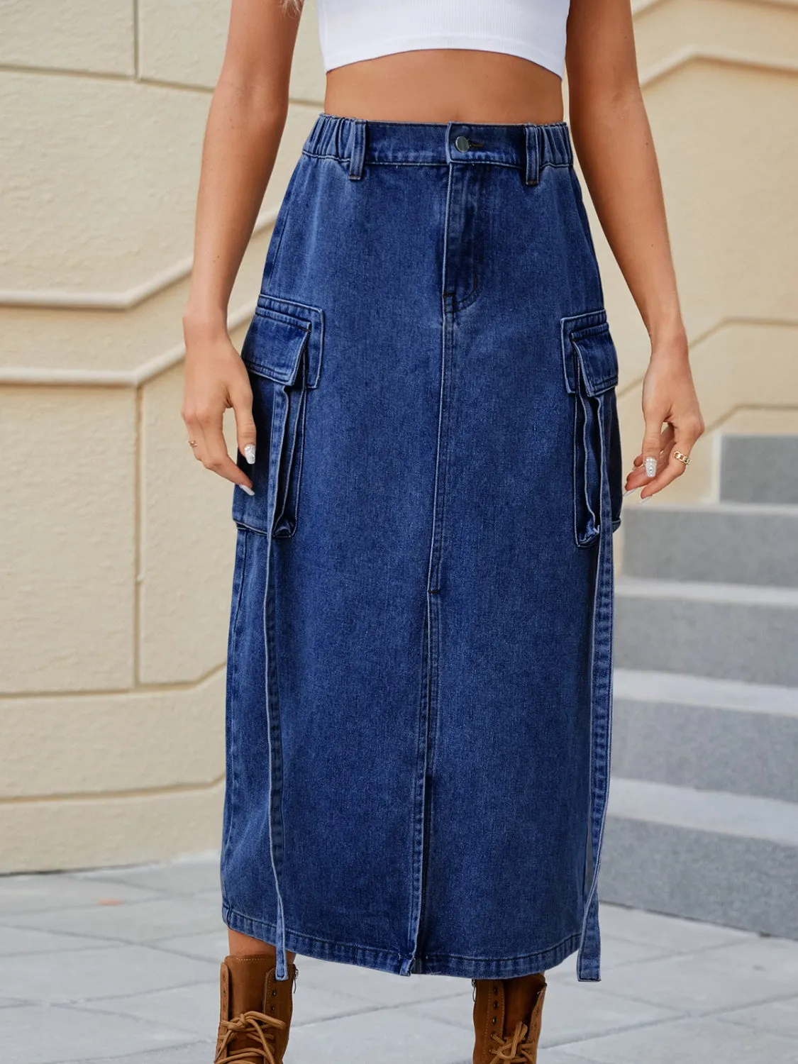 Denim Skirt With Pockets Feminine Slit Pocketed High Waist Jean Skirt KESLEY