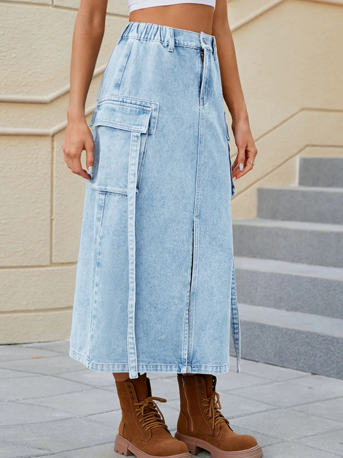 Denim Skirt With Pockets Feminine Slit Pocketed High Waist Jean Skirt KESLEY