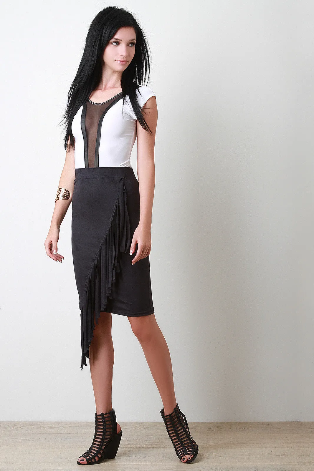 Diagonal Fringe Vegan Suede Skirt